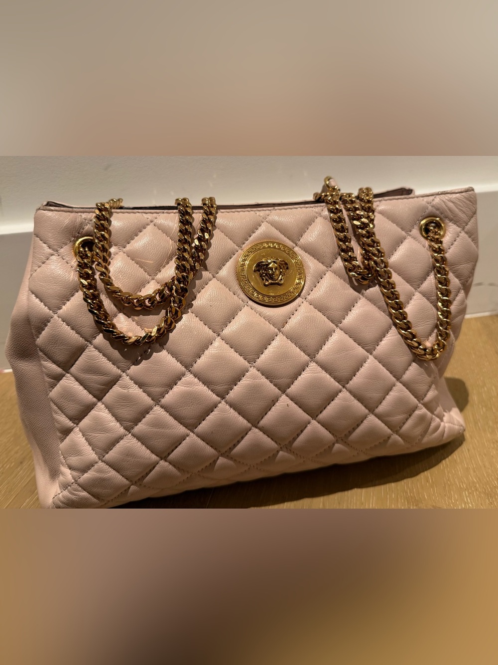 Versace Quilted Light Pink Leather Shoulder Bag with Gold Chain Strap